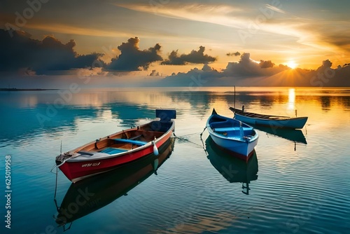 boats at sunset generated by AI technology