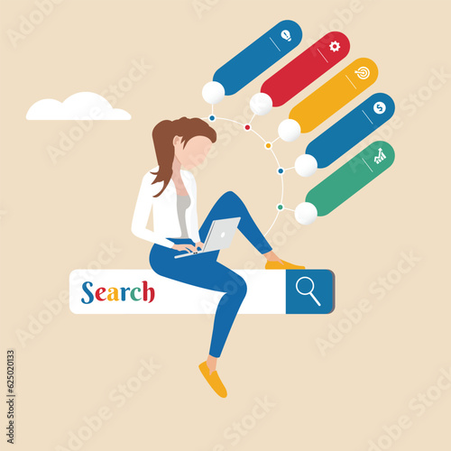 Search box, SEO search engine optimization or finding online job or career opportunity concept, woman working with computer laptop on search box with magnifying glass button and search result slide. © Souman_Creation