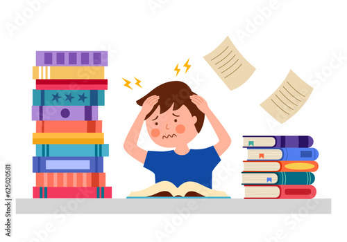 Stressed student sitting at table with pile of books in flat design on white background.