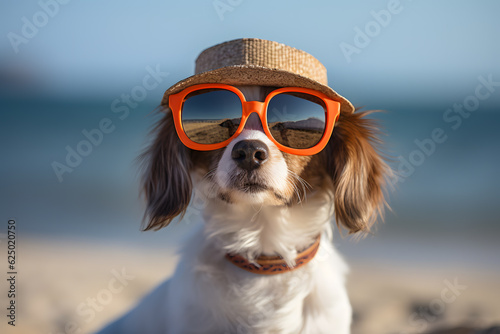 A dog wearing a hat and sunglasses on the beach. Summer vacation with pets