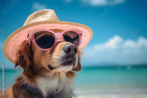 Fototapeta A dog wearing a hat and sunglasses on the beach