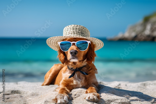 A dog wearing a hat and sunglasses on the beach. Summer vacation with pets