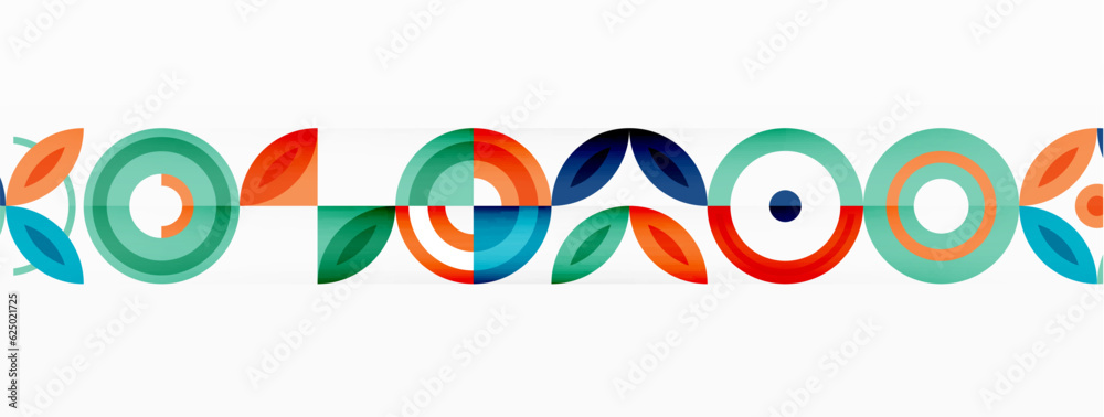 Obraz premium Abstract background - minimalist circles and round elements composition with varying sizes circles and other geometric shapes. The elements are arranged symmetrically in a grid-like pattern