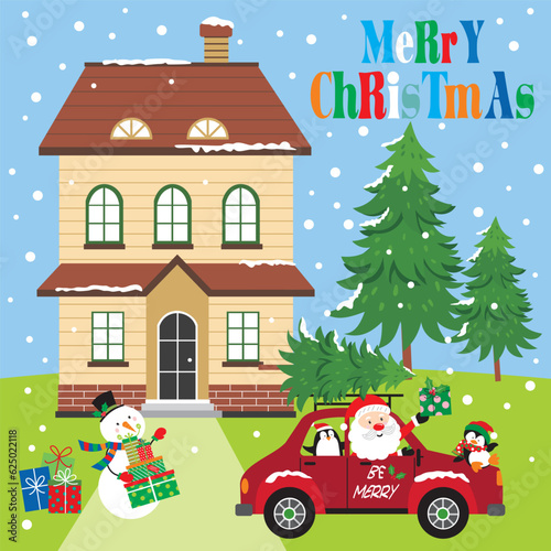 christmas card with house, car, snowman, penguin and santa