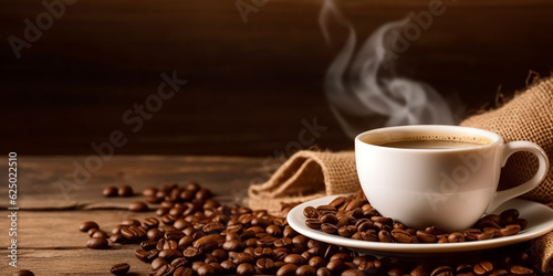 Cup of coffee with beans on wooden table