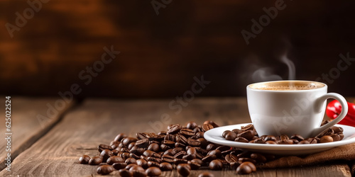 Cup of coffee with beans on wooden table