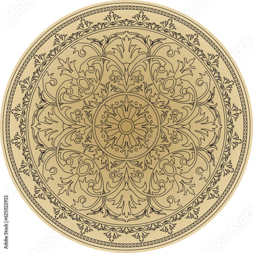 Vector round golden classic ornament. A circle with a black pattern. Ceiling decoration, ancient Rome, Greece.