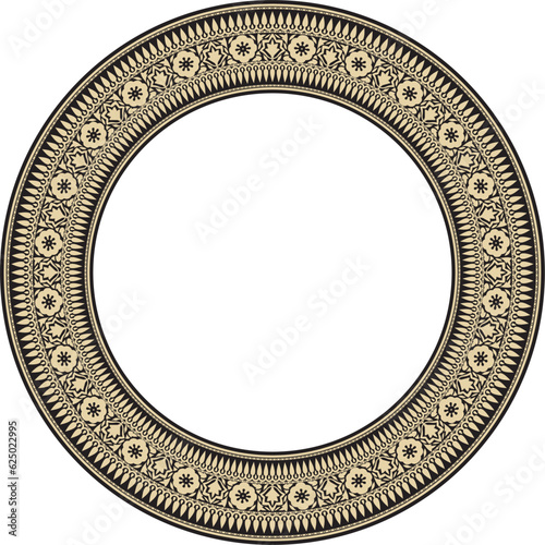 Vector round national Indian ornament. Golden with black circle border, frame, ring..