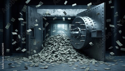 Money pouring out of a bank vault - Wealth and abundance concept, Generative AI