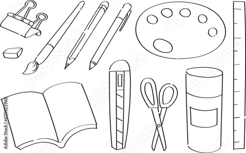 Cute doodle education cartoon icons and objects. School and office supplies. Pencils, paints, scissors, ruler, pencils, eraser, pencil sharpener. Vector illustration.