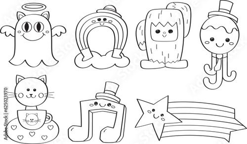 Cute doodle cartoon monsters for kids. Shirts and stickers. Cute Kawaii cartoon monsters. Vector illustration for coloring book.