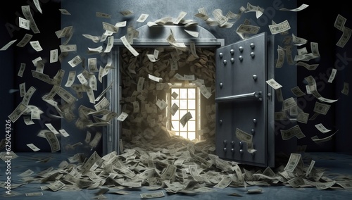 Wealth of a Bank Vault The Door to Wealth: A Conceptual Image of an Empty Doorway with Piles of Cash Behind, Generative AI