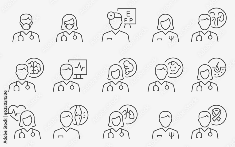 Doctor icons, such as pediatrician, cardiologist, dermatologist, gastroenterologist, pulmonologist and more. Editable stroke.