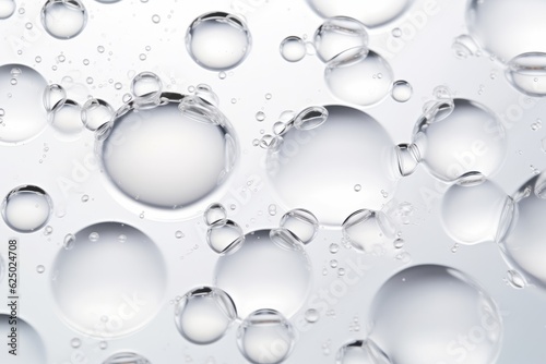 Close-up of white transparent drops liquid bubbles molecules. 