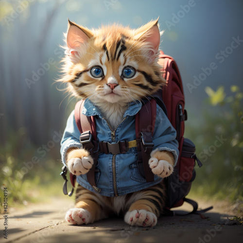 little kitten with a backpack, back to school concept
