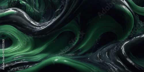 Fototapeta Naklejka Na Ścianę i Meble -  green and black 3D waves liquid background, generative ai