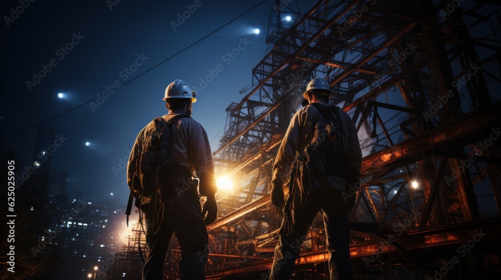 portrait photograph of power electrician Two people working at height wearing safety gear from a high voltage pylon.