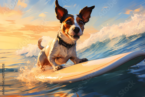 jack russell dog surfing on a sunny summer day anime styel © hamsah