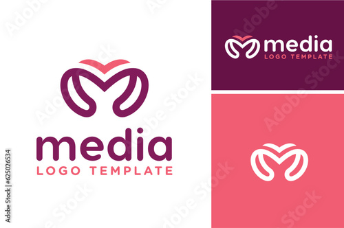 Modern Cute initial letter M with heart love shape doodle logo design