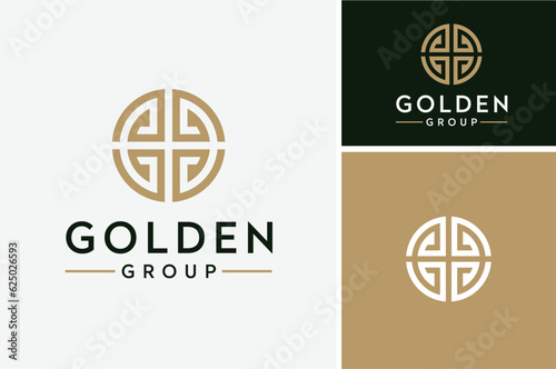 Circular Golden initial G, Monogram GG with Asian Greek pattern for Global Gold Company logo design
