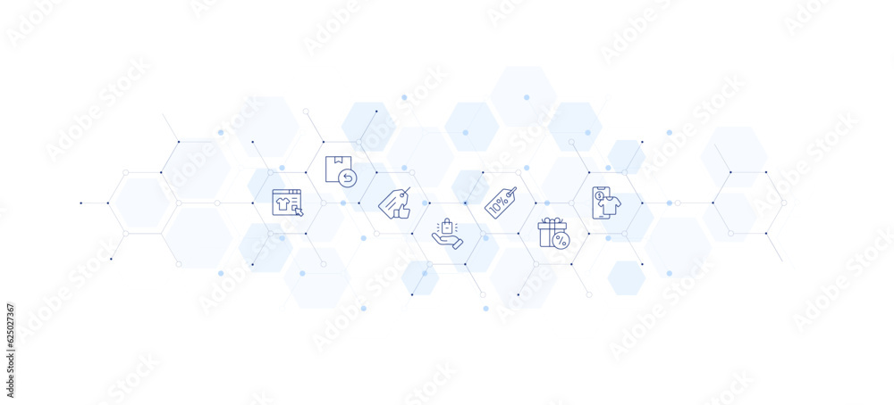 Shopping banner vector illustration. Style of icon between. Containing online shop, return, best price, product, percent, gift box, virtual reality.
