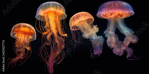 Bioluminescent jellyfish in the deep sea on black background. Generative AI