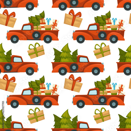 Truck car with pine tree and presents pattern