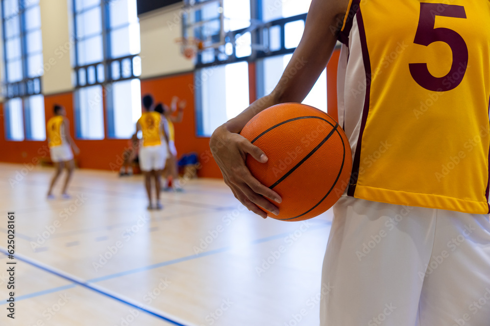 Naklejka premium Biracial female basketball players holding and playing basketball at gym, copy space