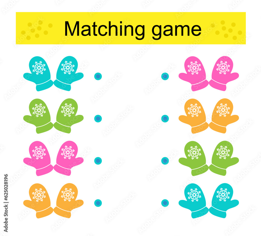 Matching game. Task for the development of attention. Vector illustration of mittens.