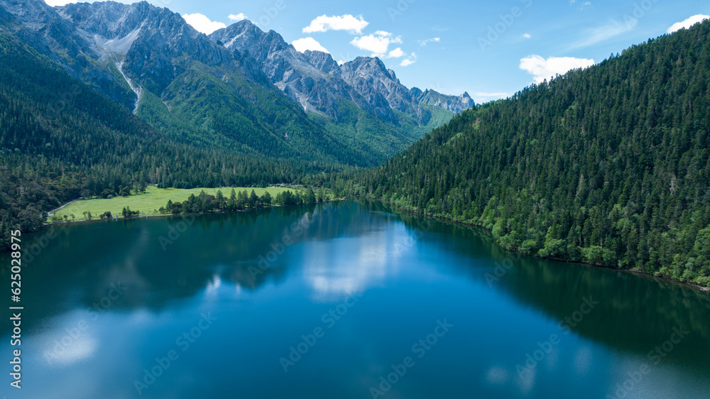 Beautiful view of high altitude forest mountain and lake landscape in Sichuan,China