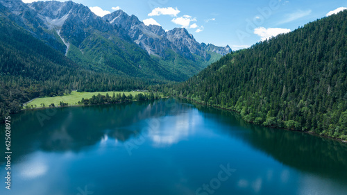 Beautiful view of high altitude forest mountain and lake landscape in Sichuan China