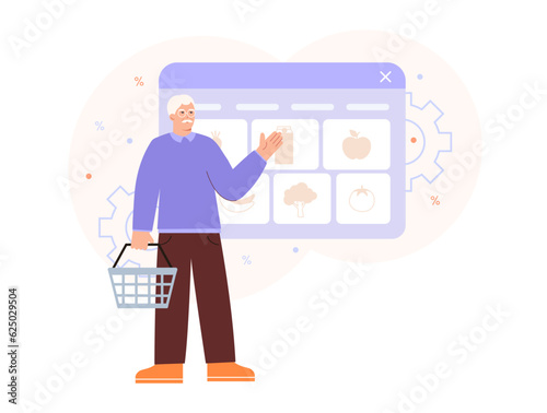 Old man holding basket and selecting food in online store. Online shopping for senior people concept. Modern shopping via gadgets. Flat vector illustration in blue and red colors