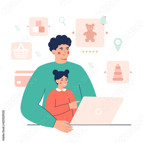 Dad sitting at table, looking at laptop and choosing toys with daughter. Young parents doing online shopping concept. Flat vector illustration in red and green colors