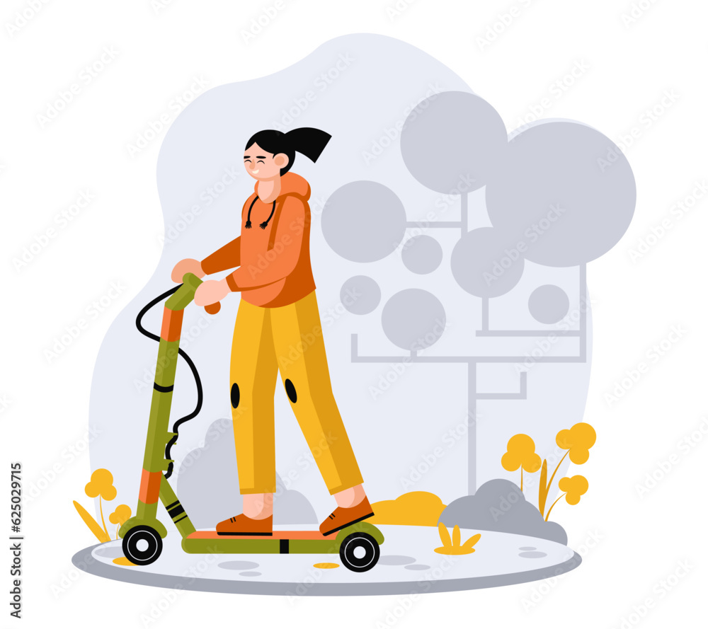 Young woman on kick scooter riding outside in park. Eco transport with electric motors. Care for environment. Environmentally friendly vehicles. Flat vector illustration in cartoon style Young woman on kick scooter riding outside in park. Eco transport with electric motors. Care for environment. Environmentally friendly vehicles. Flat vector illustration in cartoon style