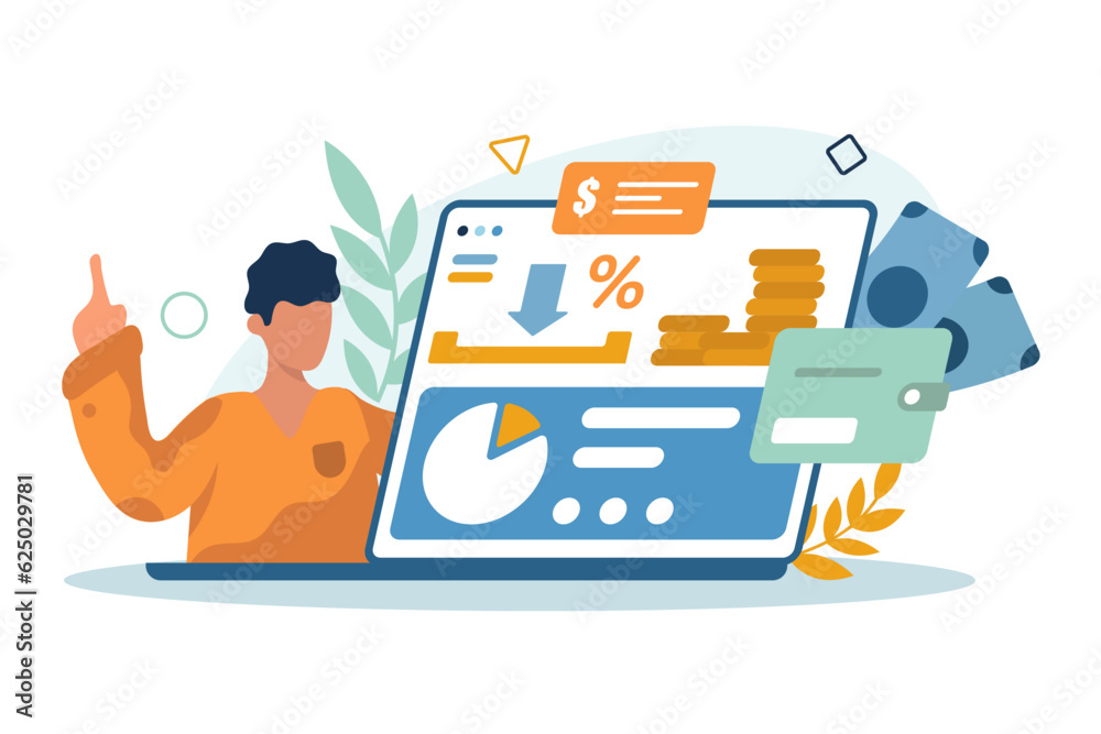 Man controlling savings and investments in online account. Online banking, payment for purchases and services with different gadgets. Flat vector illustration in blue and orange color
