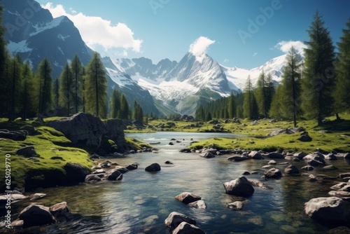a rocky mountain river flows through a valley with a coniferous forest on the background of mountains. beautiful landscape. generative ai. photo