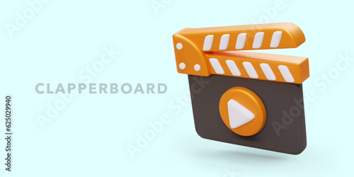 Realistic open film clapper. Movie making industry. Small shown slate board. Color cinematographic equipment. Cute cartoon style concept, vector illustration. Filming time