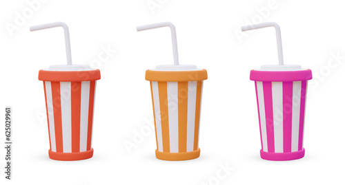 Set of striped cups for cold drinks. Opaque drinkware with straw and lid. Isolated images of different colors on white background. Vector illustration with shadows