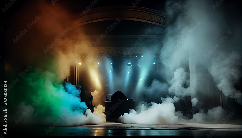 Theater setting with concert and stage, stage lit by colored spotlights. lights and smoke Ai generated image 