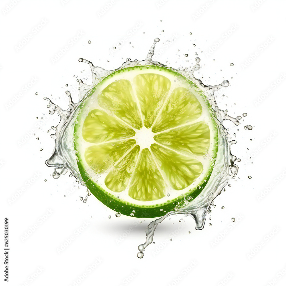 Fresh lime and splash of water. 3D illustration digital art design, generative AI Fresh lime and splash of water. 3D illustration digital art design, generative AI