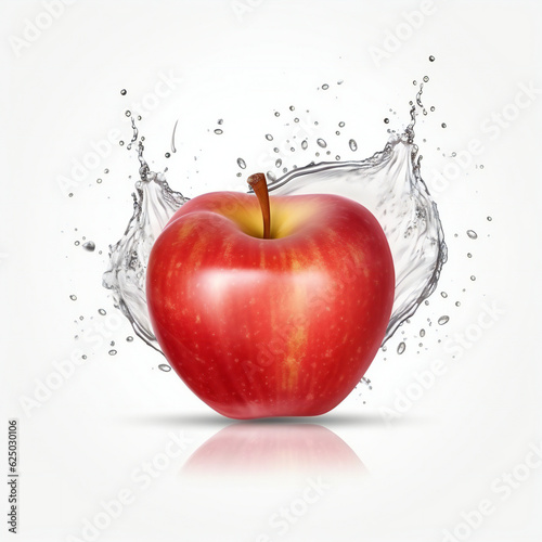 Fresh red apple and splash of water. 3D illustration digital art design, generative AI