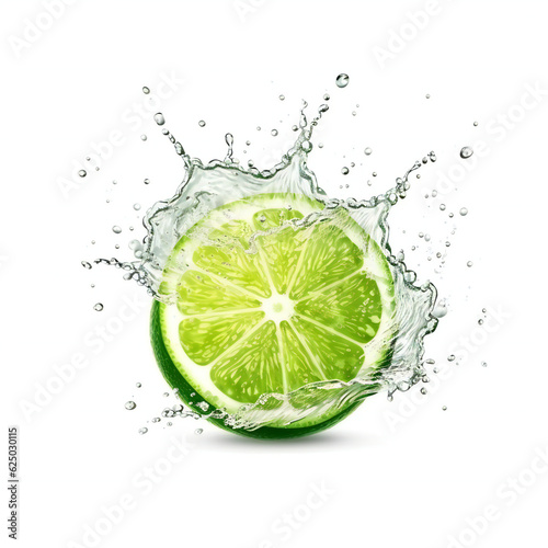 Lime with water splash. 3D illustration digital art design, generative AI