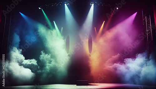 Photo Theater setting with concert and stage, stage lit by colored spotlights