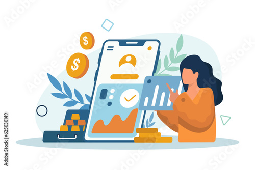 Female holding credit card and controlling savings and investments. Online banking, payment for purchases and services with different gadgets. Flat vector illustration in blue and orange color