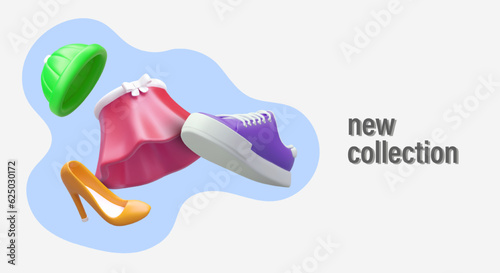 Notification of new collection, arrival. Advertising poster in plasticine style. Colored 3D objects. Clothes, shoes, hats. Template for invitation or flyer, email and leaflet, booklet, web page
