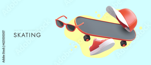 Classic skateboarding. 3D board, sunglasses, cap, sneakers. Concept for sports accessories store. Advertisement of coach services. Vector banner for skate park