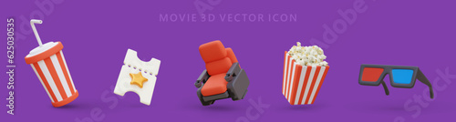 Collection of cinema isolated colorful illustrations. 3D icons on purple background. Graphic elements of web design for movie theatre. Image in cartoon style