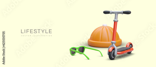 Ecological lifestyle. 3D scooter, sunglasses, cool youth cap. Careful attitude to nature. Fitness on walk. Convenient modern way of moving around city