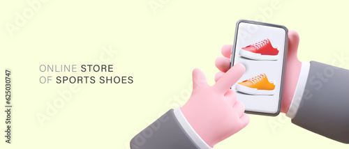 Online store of sports shoes. Buyer selects product on smartphone screen. Sneakers of different colors. Banner with place for text. Vector concept with realistic illustration