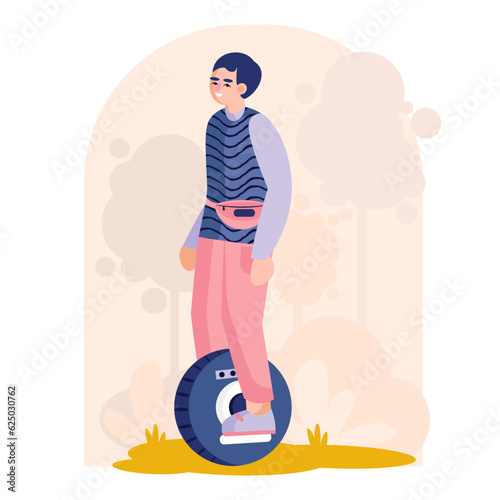 Man standing on mono cycle and spending time, riding outside. Eco transport with electric motors. Care for environment. Environmentally friendly vehicles. Flat vector illustration in cartoon style